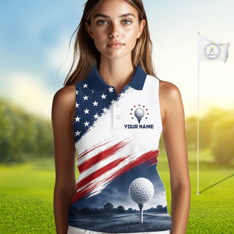 Patriotic American Flag Women's Sleeveless Golf Polo Shirt –  Red White Blue Golf Apparel 