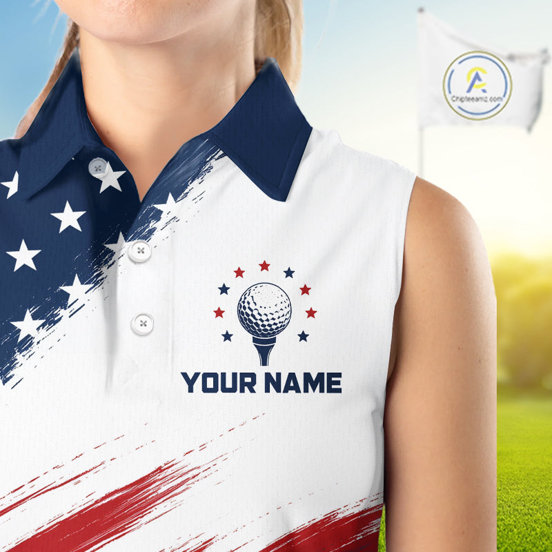 Patriotic American Flag Women's Sleeveless Golf Polo Shirt –  Red White Blue Golf Apparel 