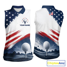 Load image into Gallery viewer, Patriotic American Flag Women's Sleeveless Golf Polo Shirt –  Red White Blue Golf Apparel 