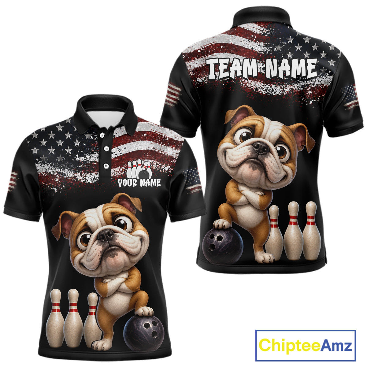 Personalized American Flag Bulldog Men Bowling Polo Shirt, Custom Patriotic Bowling Jersey NHT1507