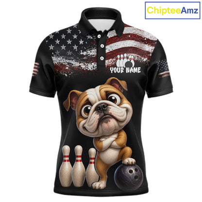 Personalized American Flag Bulldog Men Bowling Polo Shirt, Custom Patriotic Bowling Jersey NHT1507