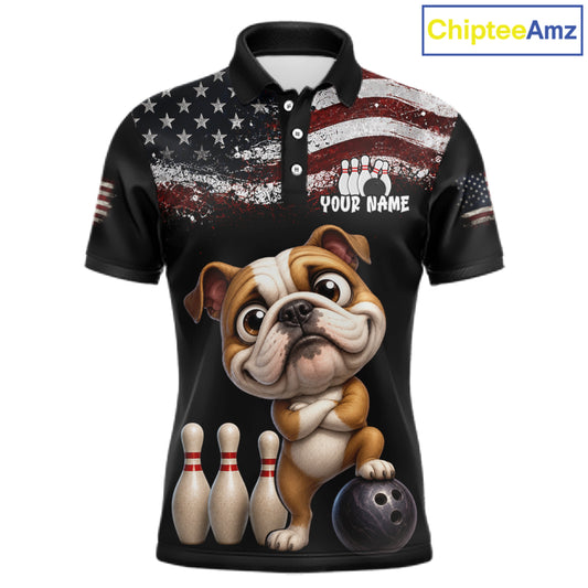 Personalized American Flag Bulldog Men Bowling Polo Shirt, Custom Patriotic Bowling Jersey NHT1507