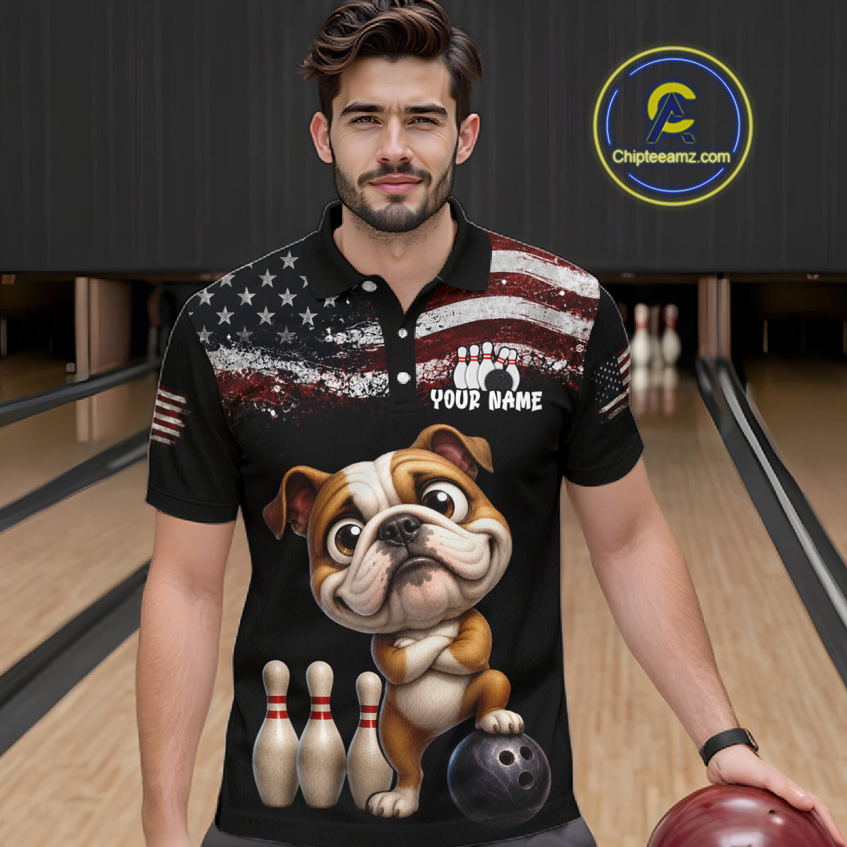 Personalized American Flag Bulldog Men Bowling Polo Shirt, Custom Patriotic Bowling Jersey NHT1507