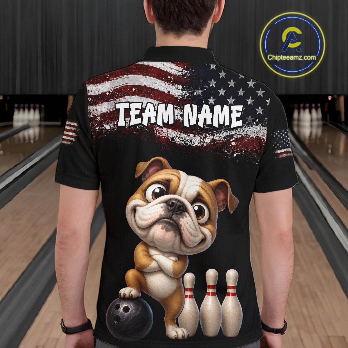 Personalized American Flag Bulldog Men Bowling Polo Shirt, Custom Patriotic Bowling Jersey NHT1507