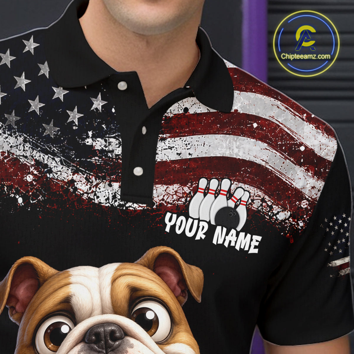 Personalized American Flag Bulldog Men Bowling Polo Shirt, Custom Patriotic Bowling Jersey NHT1507