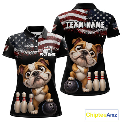 Personalized American Flag Bulldog Women Bowling Polo Shirt, Custom Patriotic Bowling Jersey NHT1507