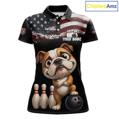 Personalized American Flag Bulldog Women Bowling Polo Shirt, Custom Patriotic Bowling Jersey NHT1507