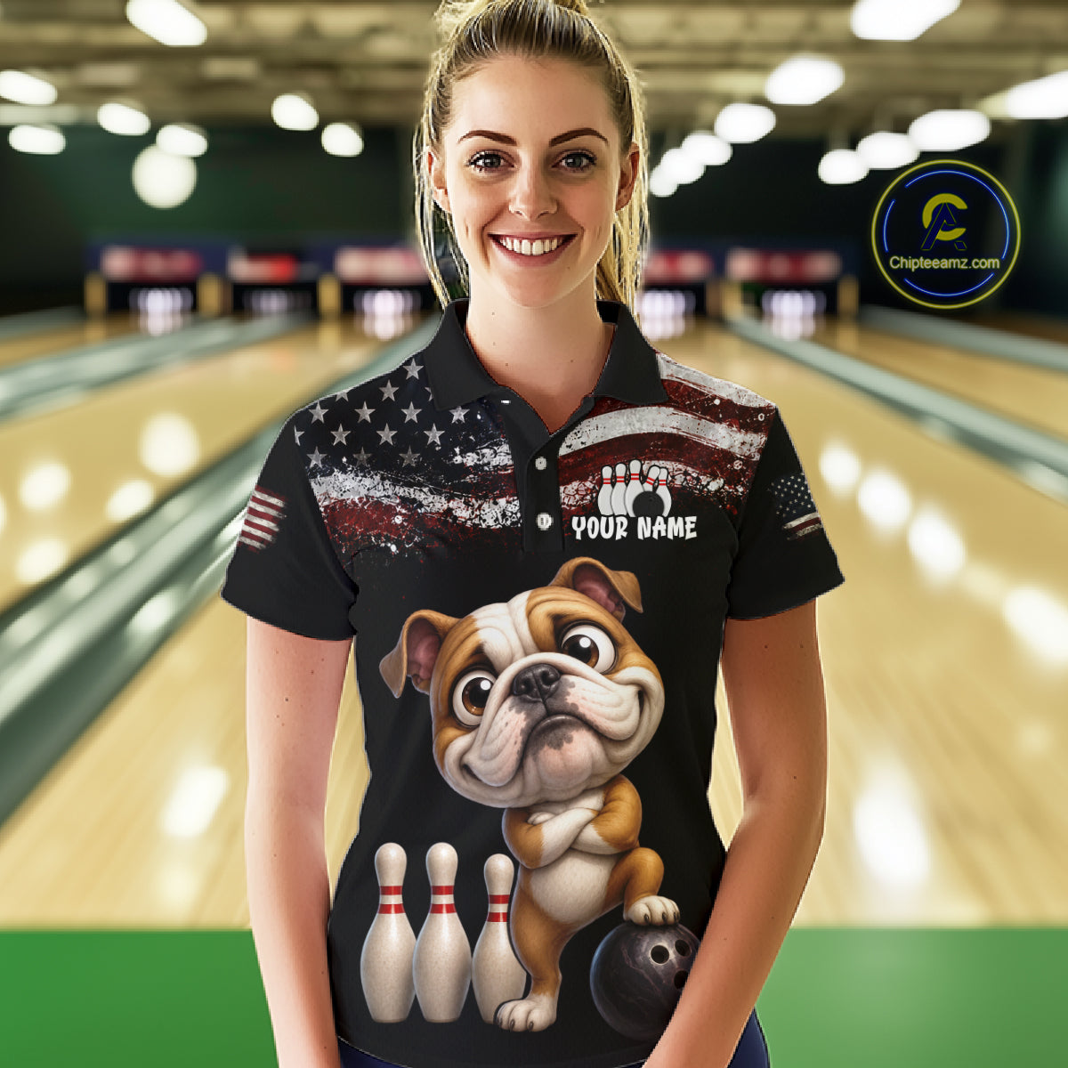 Personalized American Flag Bulldog Women Bowling Polo Shirt, Custom Patriotic Bowling Jersey NHT1507