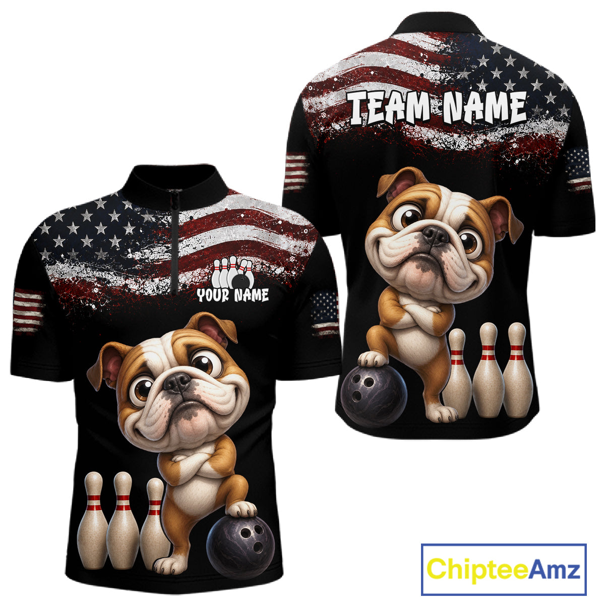 Personalized American Flag Bulldog Men Bowling Polo Shirt, Custom Patriotic Bowling Jersey NHT1507
