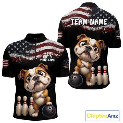 Personalized American Flag Bulldog Men Bowling Polo Shirt, Custom Patriotic Bowling Jersey NHT1507