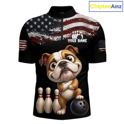Personalized American Flag Bulldog Men Bowling Polo Shirt, Custom Patriotic Bowling Jersey NHT1507