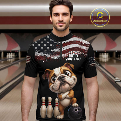 Personalized American Flag Bulldog Men Bowling Polo Shirt, Custom Patriotic Bowling Jersey NHT1507