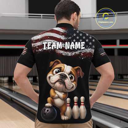 Personalized American Flag Bulldog Men Bowling Polo Shirt, Custom Patriotic Bowling Jersey NHT1507