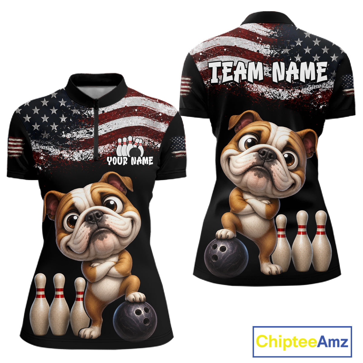 Personalized American Flag Bulldog Women Bowling Polo Shirt, Custom Patriotic Bowling Jersey NHT1507