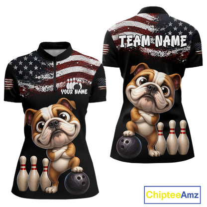Personalized American Flag Bulldog Women Bowling Polo Shirt, Custom Patriotic Bowling Jersey NHT1507
