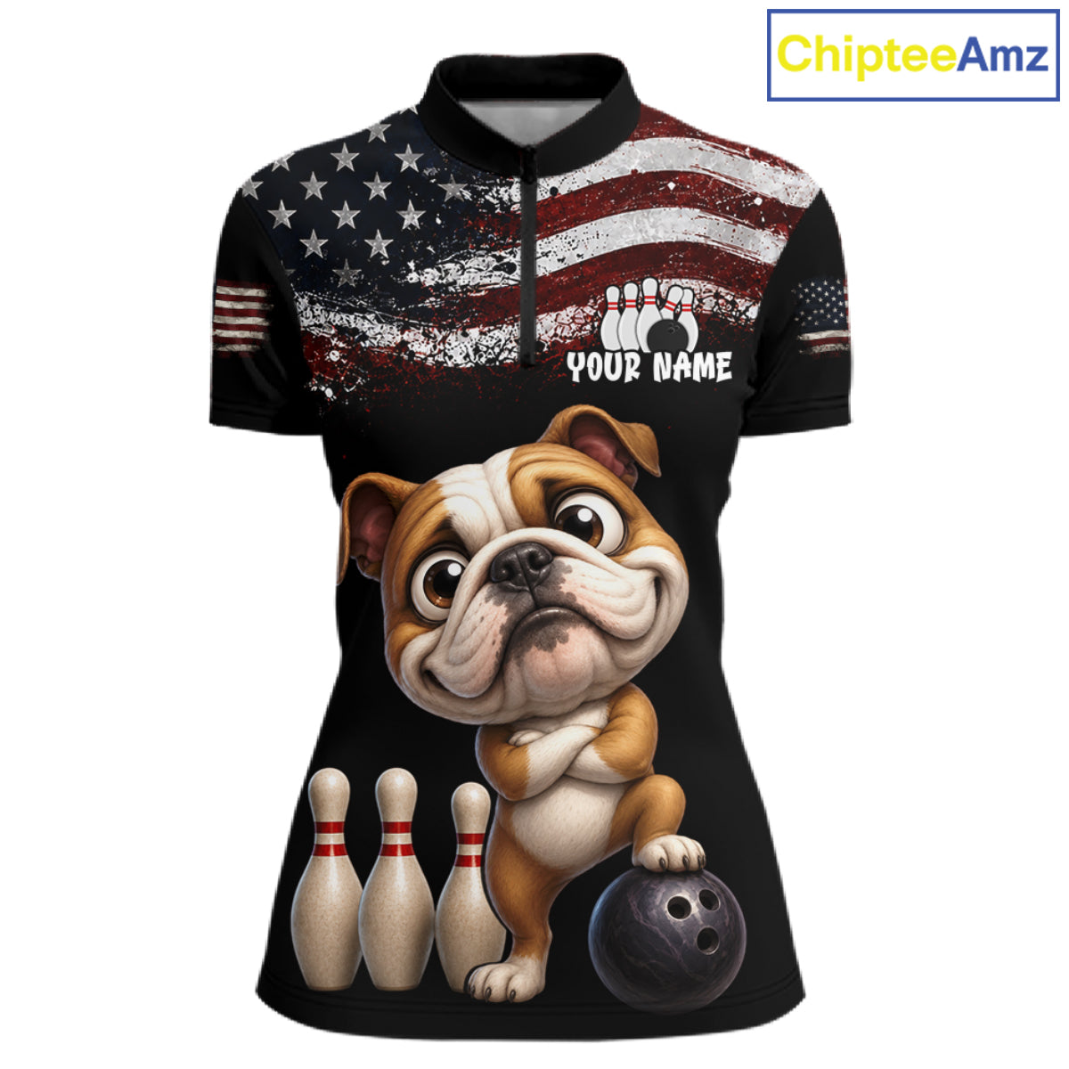Personalized American Flag Bulldog Women Bowling Polo Shirt, Custom Patriotic Bowling Jersey NHT1507