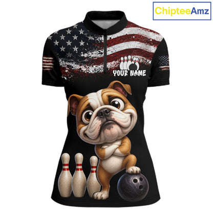 Personalized American Flag Bulldog Women Bowling Polo Shirt, Custom Patriotic Bowling Jersey NHT1507