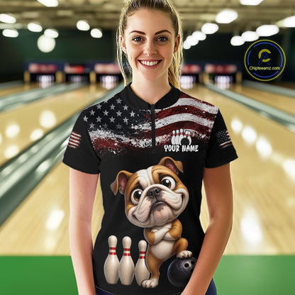 Personalized American Flag Bulldog Women Bowling Polo Shirt, Custom Patriotic Bowling Jersey NHT1507