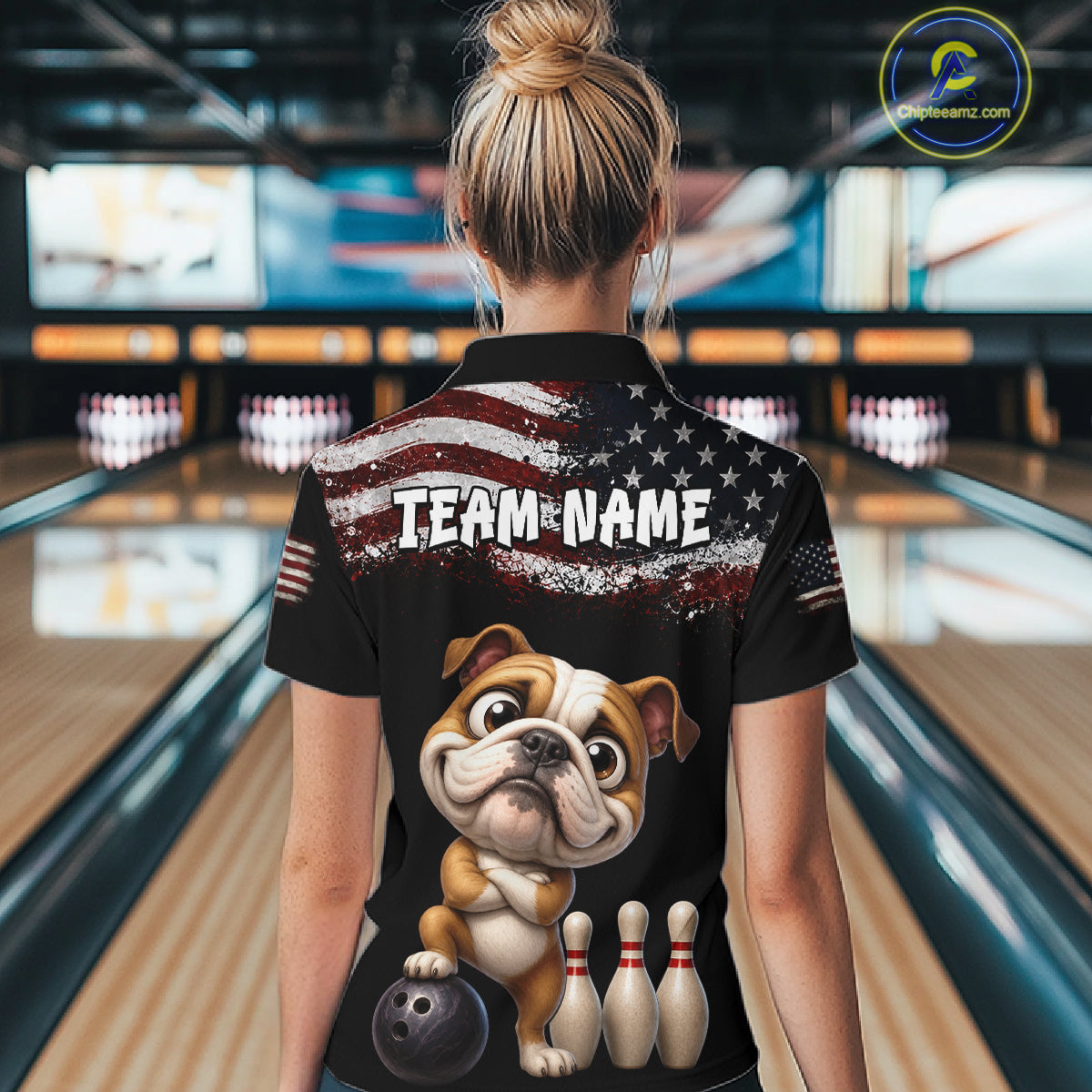 Personalized American Flag Bulldog Women Bowling Polo Shirt, Custom Patriotic Bowling Jersey NHT1507