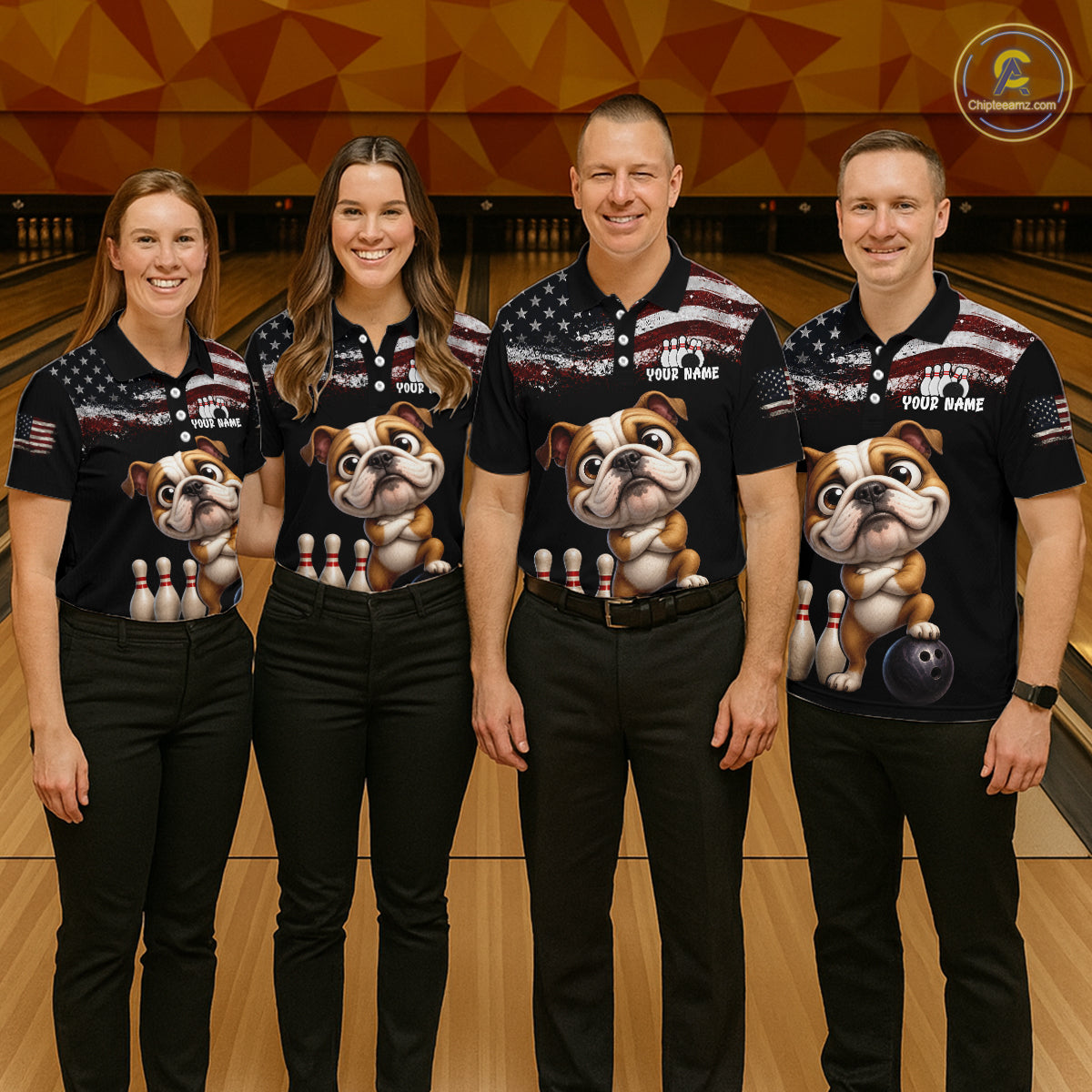 Personalized American Flag Bulldog Women Bowling Polo Shirt, Custom Patriotic Bowling Jersey NHT1507