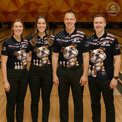 Personalized American Flag Bulldog Women Bowling Polo Shirt, Custom Patriotic Bowling Jersey NHT1507