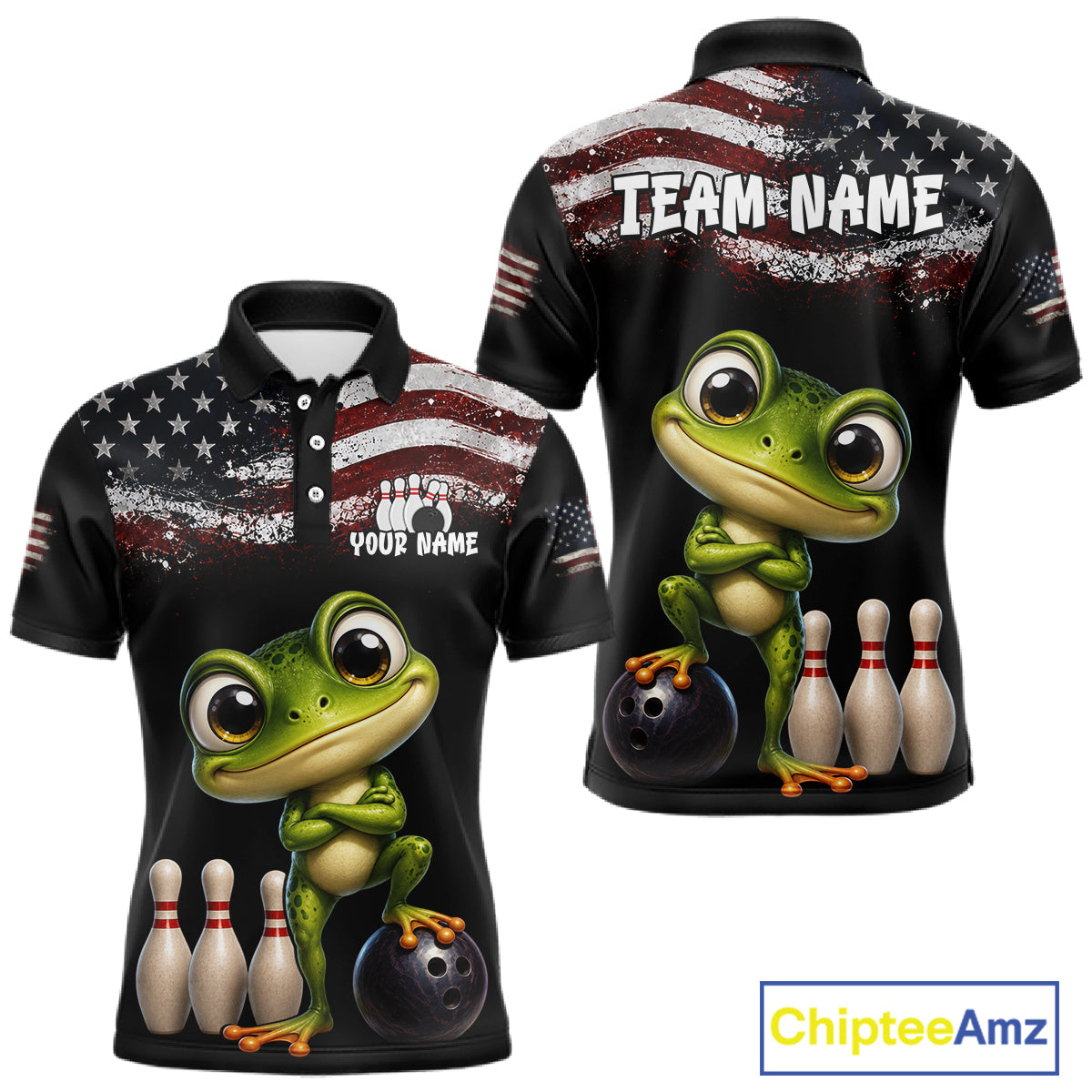 Personalized American Flag Frog Men Bowling Polo Shirt, Custom Patriotic Bowling Jersey NHT1508