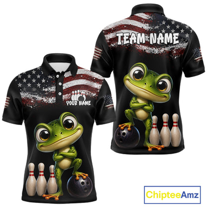 Personalized American Flag Frog Men Bowling Polo Shirt, Custom Patriotic Bowling Jersey NHT1508