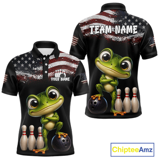Personalized American Flag Frog Men Bowling Polo Shirt, Custom Patriotic Bowling Jersey NHT1508