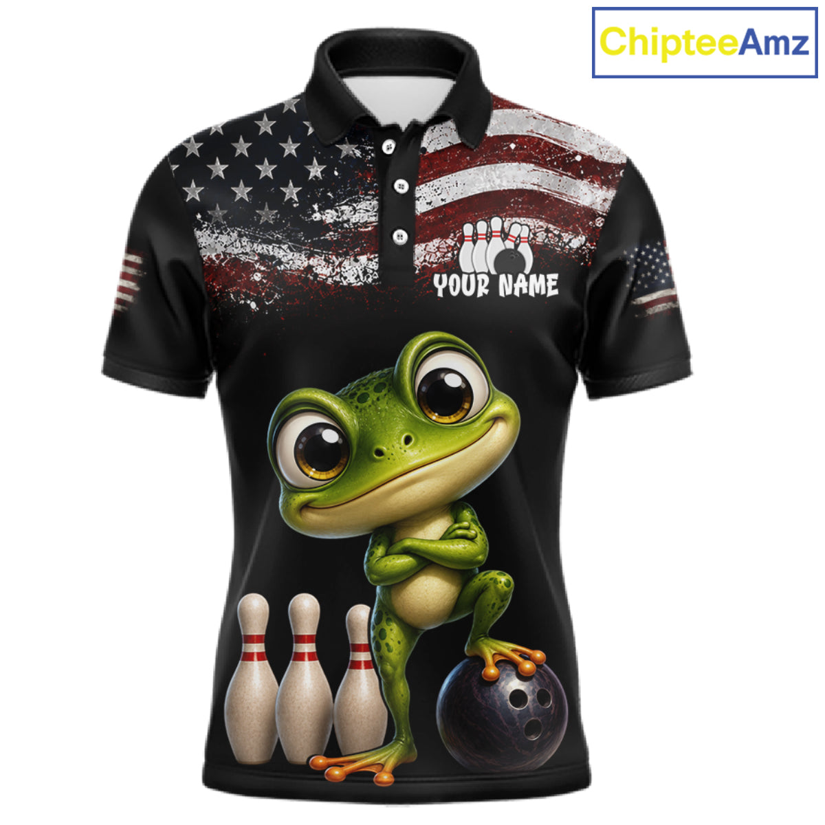 Personalized American Flag Frog Men Bowling Polo Shirt, Custom Patriotic Bowling Jersey NHT1508