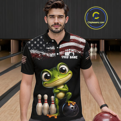 Personalized American Flag Frog Men Bowling Polo Shirt, Custom Patriotic Bowling Jersey NHT1508