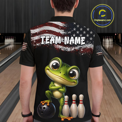 Personalized American Flag Frog Men Bowling Polo Shirt, Custom Patriotic Bowling Jersey NHT1508