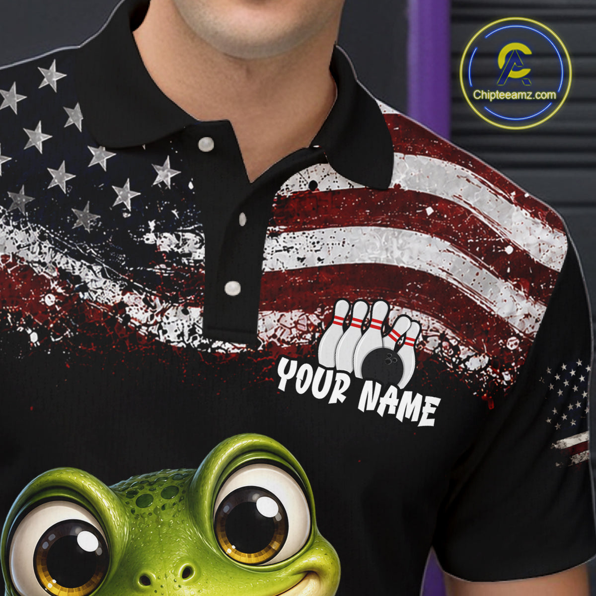 Personalized American Flag Frog Men Bowling Polo Shirt, Custom Patriotic Bowling Jersey NHT1508