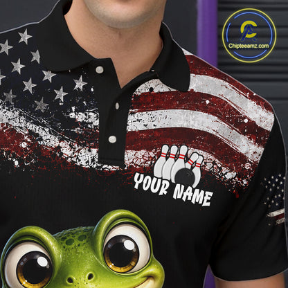 Personalized American Flag Frog Men Bowling Polo Shirt, Custom Patriotic Bowling Jersey NHT1508