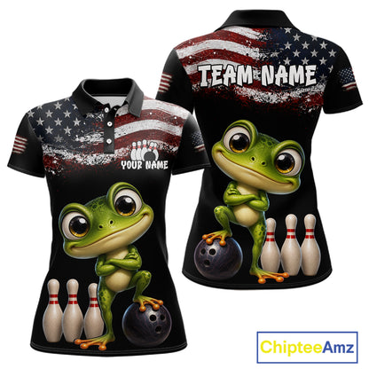 Personalized American Flag Frog Women Bowling Polo Shirt, Custom Patriotic Bowling Jersey NHT1508