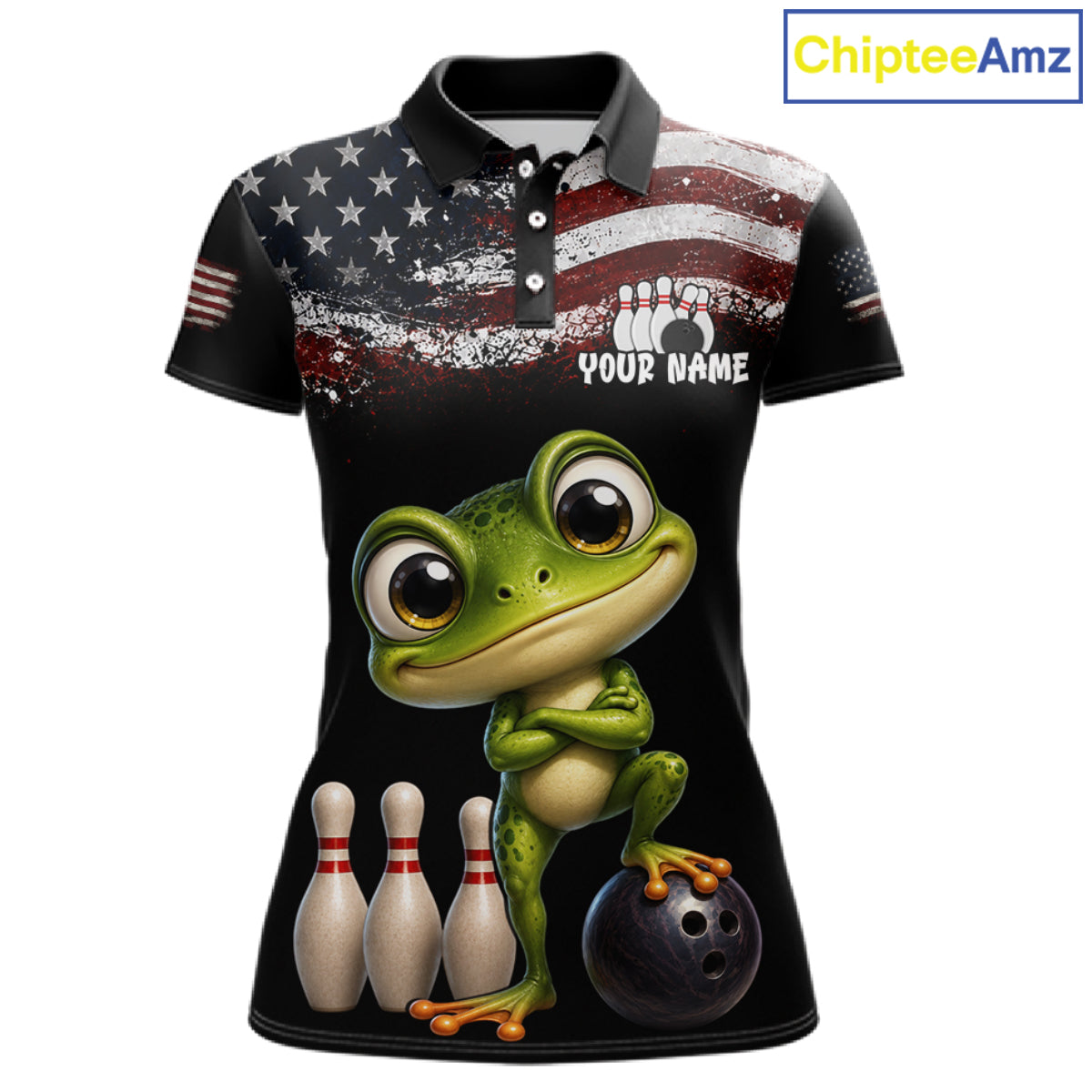 Personalized American Flag Frog Women Bowling Polo Shirt, Custom Patriotic Bowling Jersey NHT1508