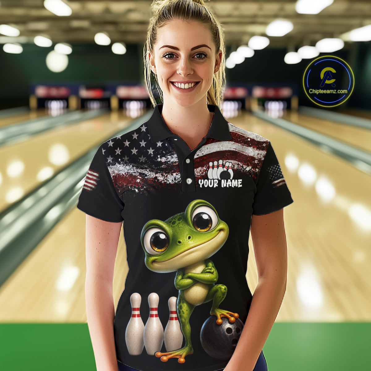 Personalized American Flag Frog Women Bowling Polo Shirt, Custom Patriotic Bowling Jersey NHT1508