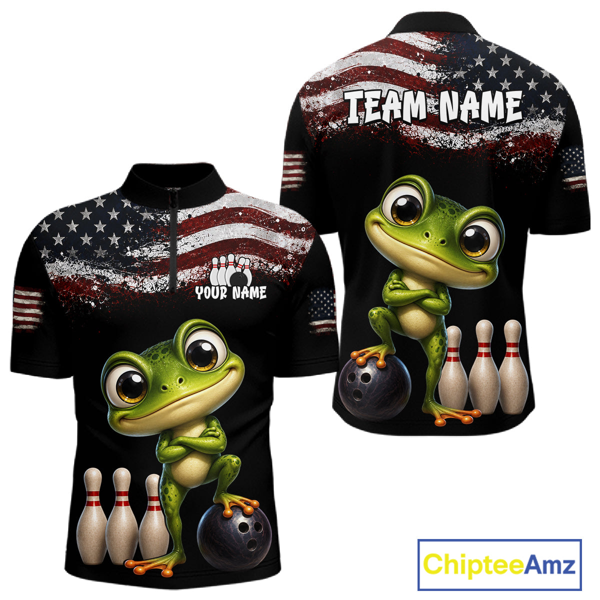 Personalized American Flag Frog Men Bowling Polo Shirt, Custom Patriotic Bowling Jersey NHT1508