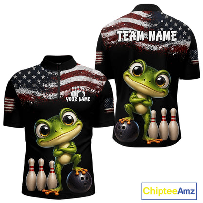 Personalized American Flag Frog Men Bowling Polo Shirt, Custom Patriotic Bowling Jersey NHT1508