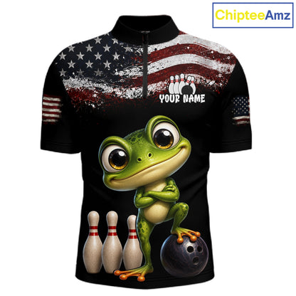 Personalized American Flag Frog Men Bowling Polo Shirt, Custom Patriotic Bowling Jersey NHT1508