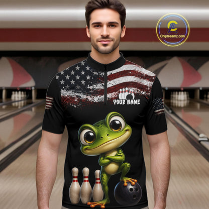 Personalized American Flag Frog Men Bowling Polo Shirt, Custom Patriotic Bowling Jersey NHT1508