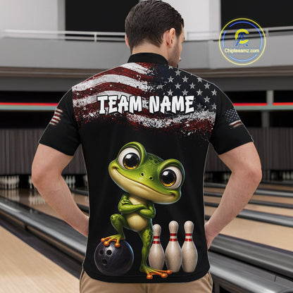 Personalized American Flag Frog Men Bowling Polo Shirt, Custom Patriotic Bowling Jersey NHT1508
