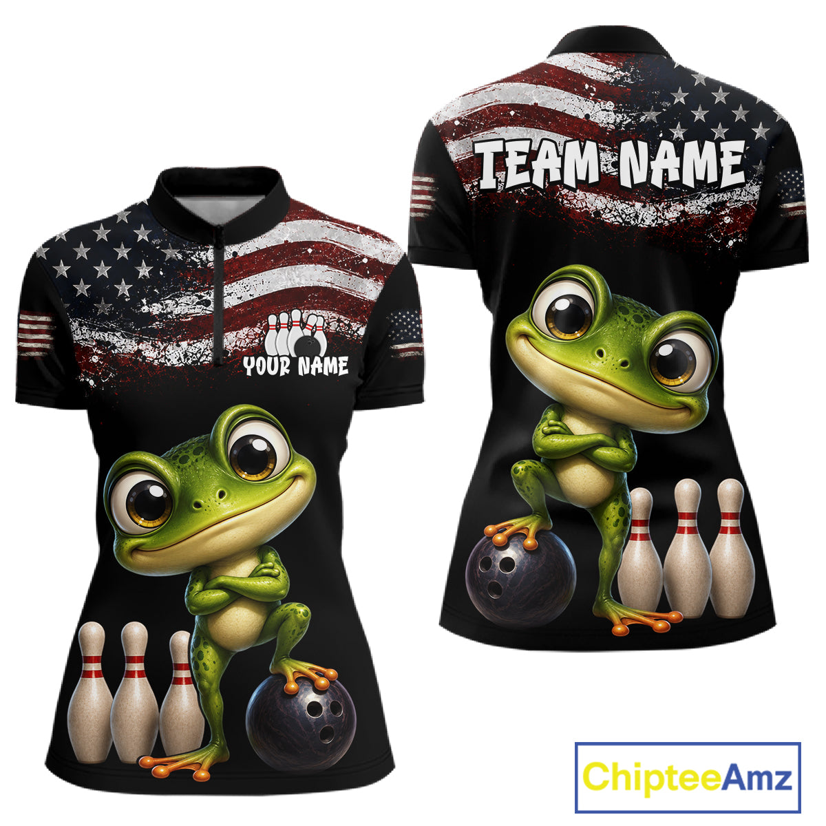 Personalized American Flag Frog Women Bowling Polo Shirt, Custom Patriotic Bowling Jersey NHT1508