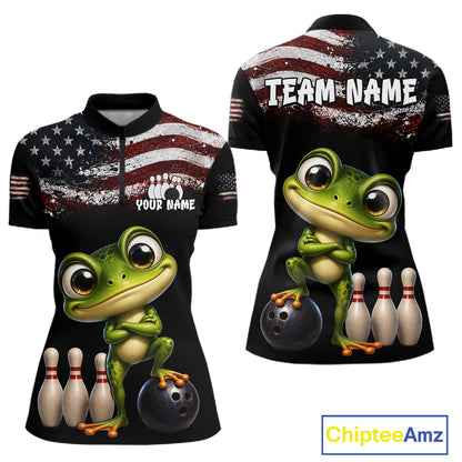 Personalized American Flag Frog Women Bowling Polo Shirt, Custom Patriotic Bowling Jersey NHT1508