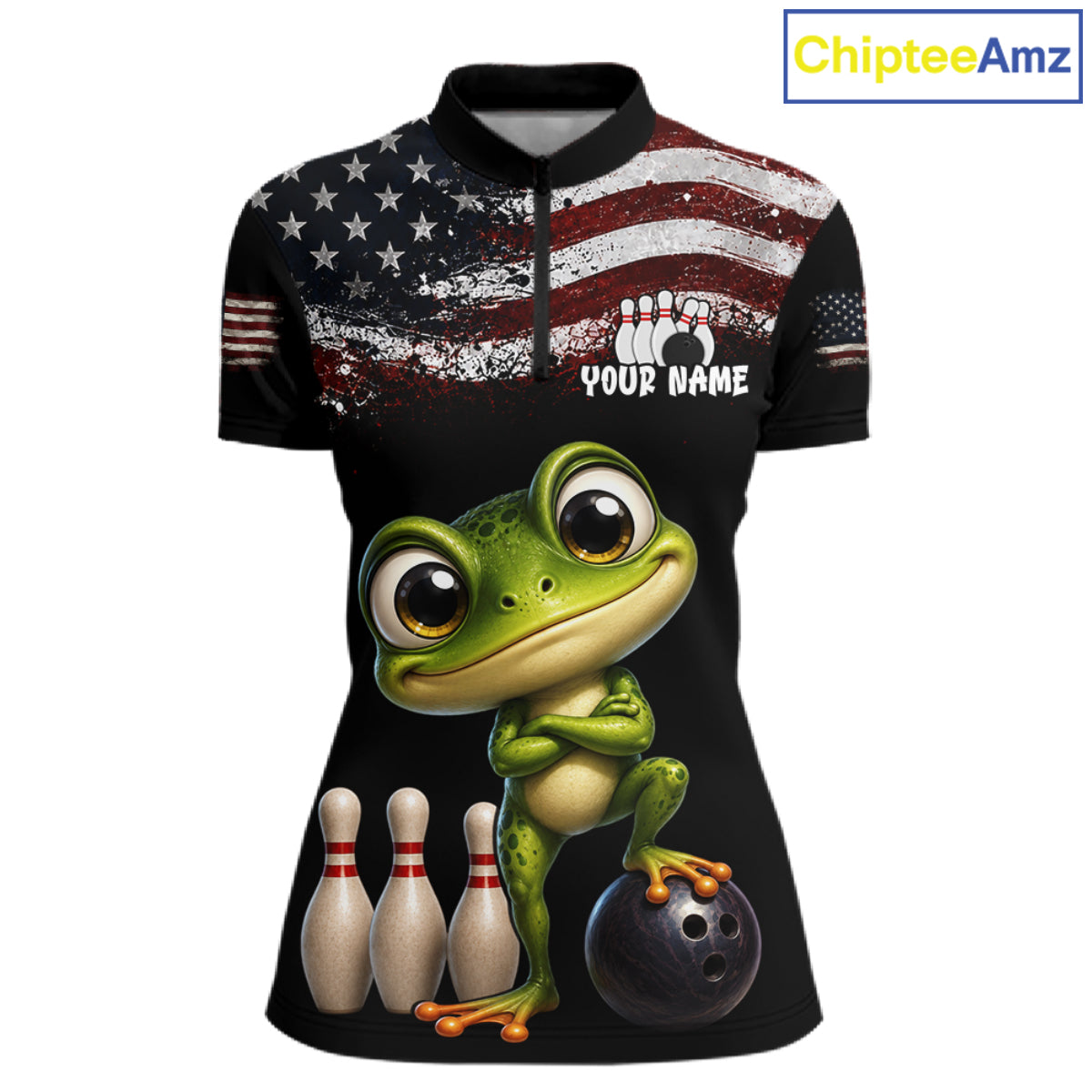 Personalized American Flag Frog Women Bowling Polo Shirt, Custom Patriotic Bowling Jersey NHT1508