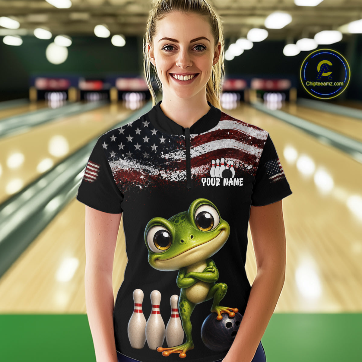 Personalized American Flag Frog Women Bowling Polo Shirt, Custom Patriotic Bowling Jersey NHT1508