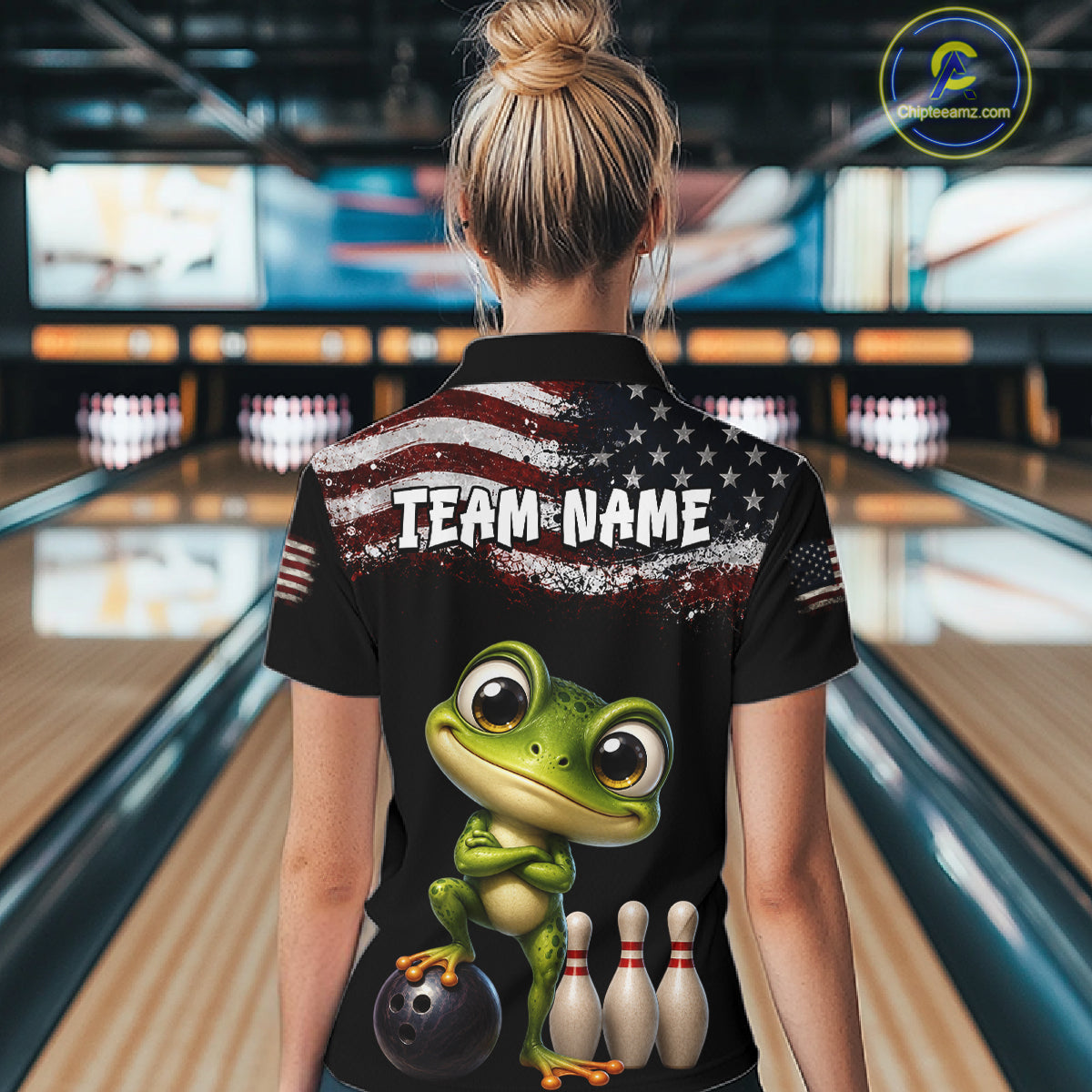 Personalized American Flag Frog Women Bowling Polo Shirt, Custom Patriotic Bowling Jersey NHT1508