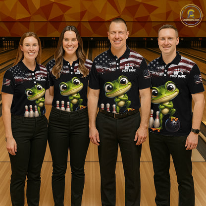 Personalized American Flag Frog Women Bowling Polo Shirt, Custom Patriotic Bowling Jersey NHT1508