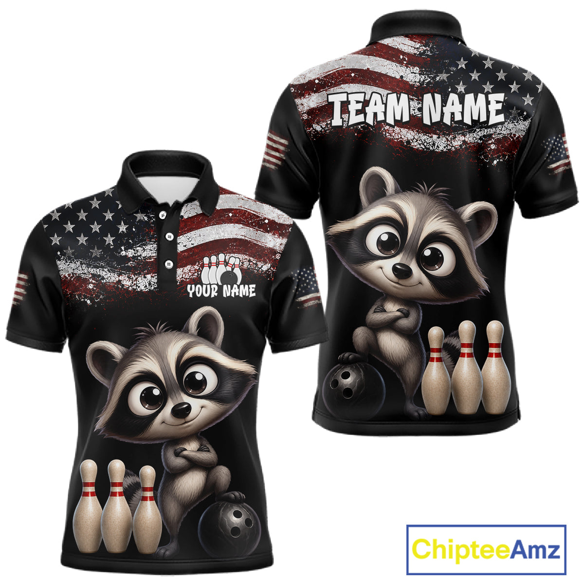 Personalized American Flag Raccoon Men Bowling Polo Shirt, Custom Patriotic Bowling Jersey NHT1509