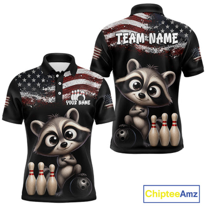 Personalized American Flag Raccoon Men Bowling Polo Shirt, Custom Patriotic Bowling Jersey NHT1509