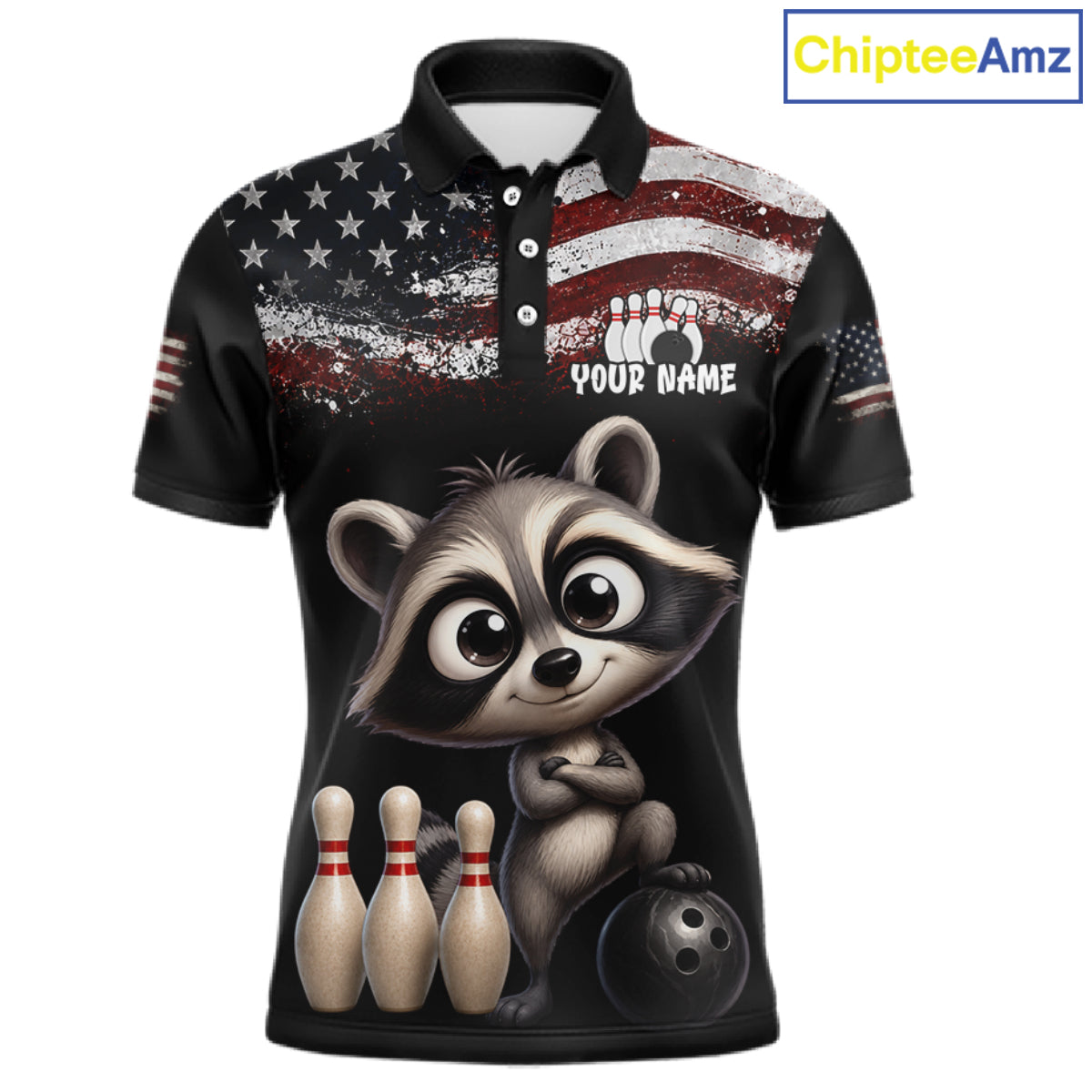 Personalized American Flag Raccoon Men Bowling Polo Shirt, Custom Patriotic Bowling Jersey NHT1509